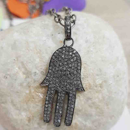 Fully Pave Diamond Setting Hamsa Hand Pendant, Silver Jewelry, Gift For Love