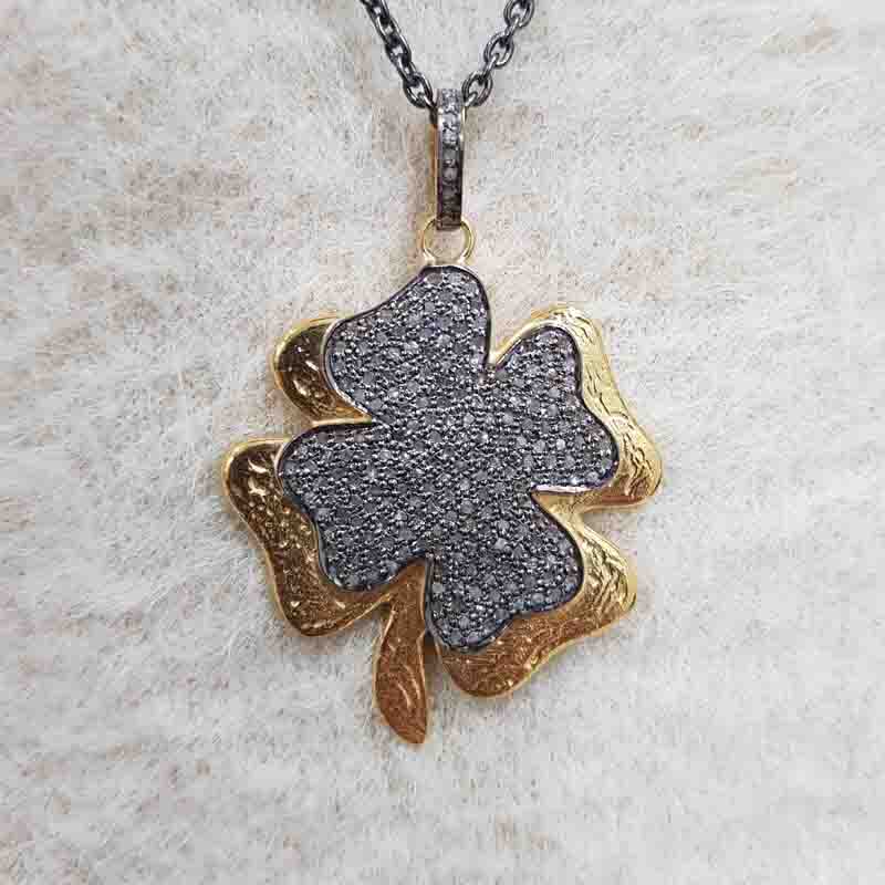 Beautiful Two Tone Pave Diamond Flower Style Pendant, Flower Necklace, Silver Jewelry