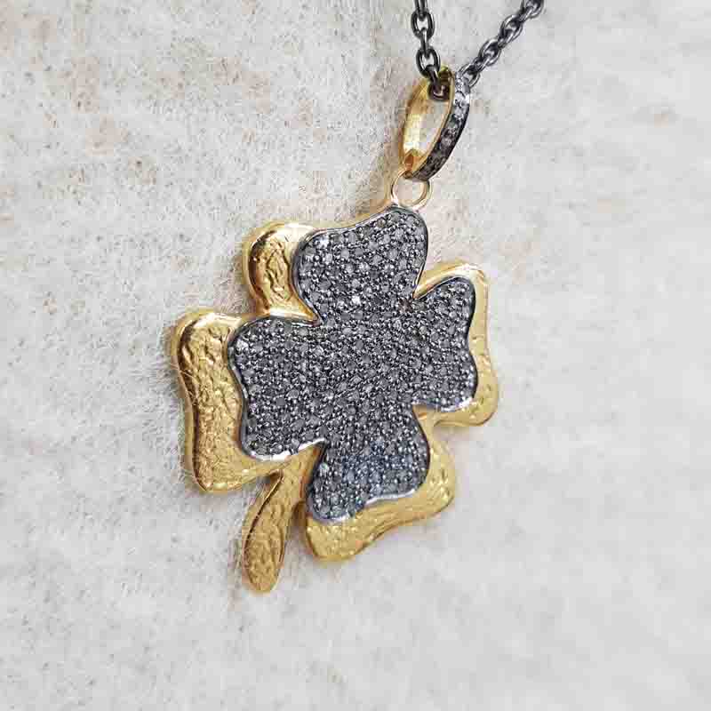 Beautiful Two Tone Pave Diamond Flower Style Pendant, Flower Necklace, Silver Jewelry