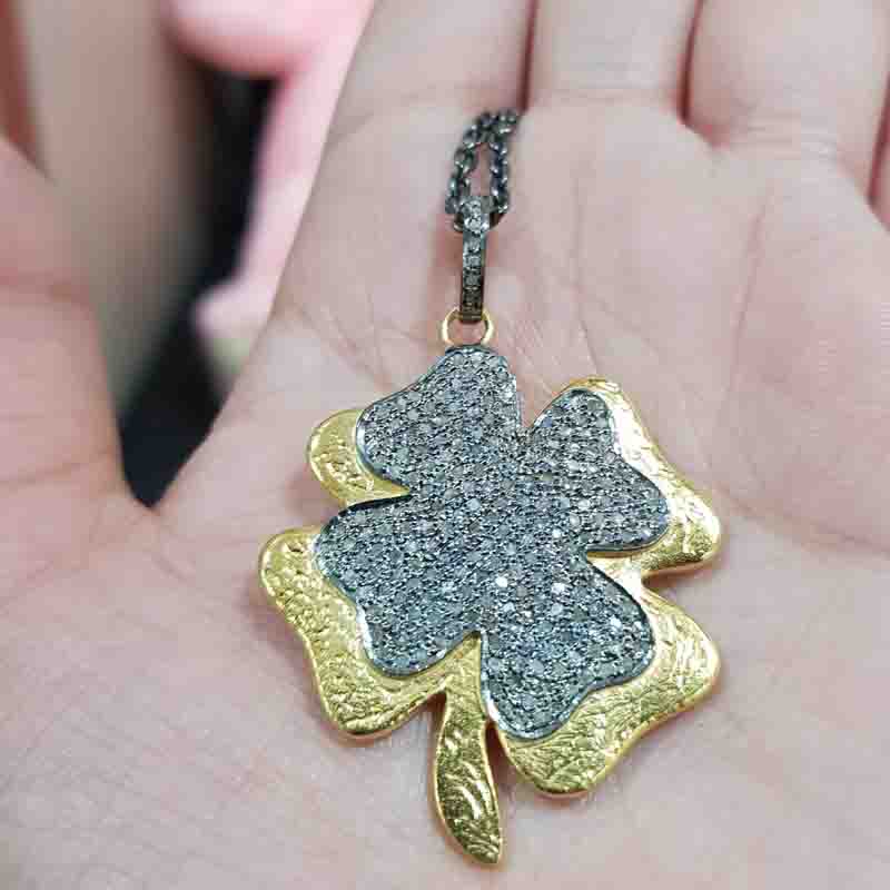 Beautiful Two Tone Pave Diamond Flower Style Pendant, Flower Necklace, Silver Jewelry