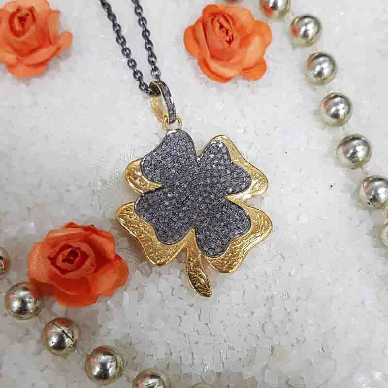 Beautiful Two Tone Pave Diamond Flower Style Pendant, Flower Necklace, Silver Jewelry