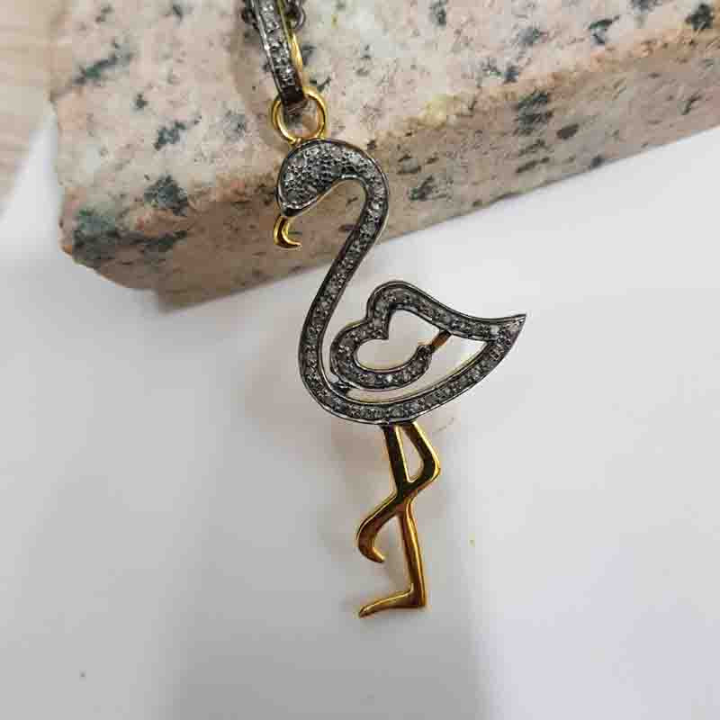 Dancing Duck Pendant With Luster Pave Diamonds, Fancy Duck Necklace, Silver Jewelry