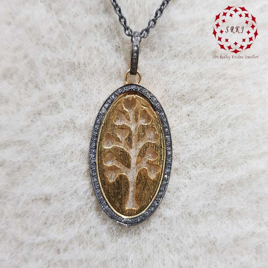 Oval Shaped Pave Diamond Pendant With Glorious Tree, Tree Style Necklace, Birthday Gift