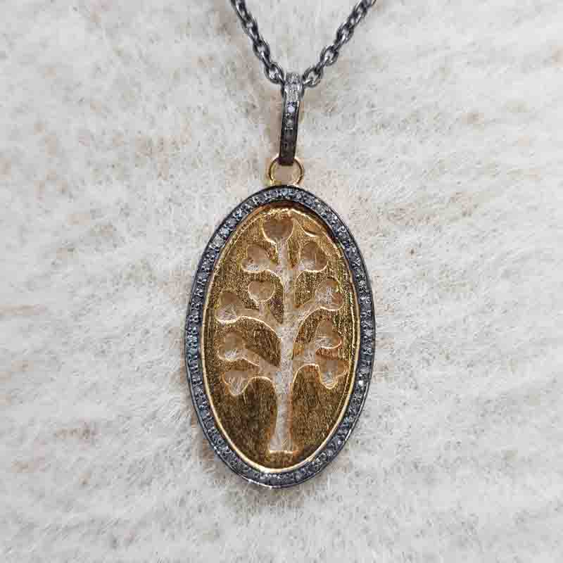 Oval Shaped Pave Diamond Pendant With Glorious Tree, Tree Style Necklace, Birthday Gift