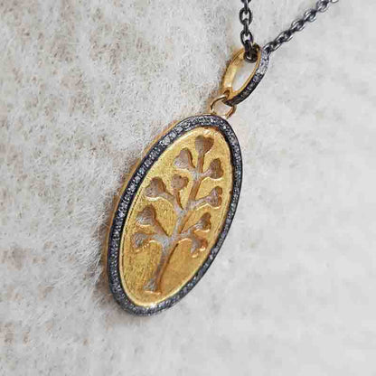 Oval Shaped Pave Diamond Pendant With Glorious Tree, Tree Style Necklace, Birthday Gift