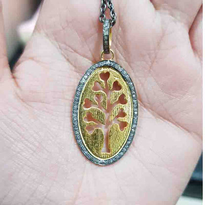 Oval Shaped Pave Diamond Pendant With Glorious Tree, Tree Style Necklace, Birthday Gift