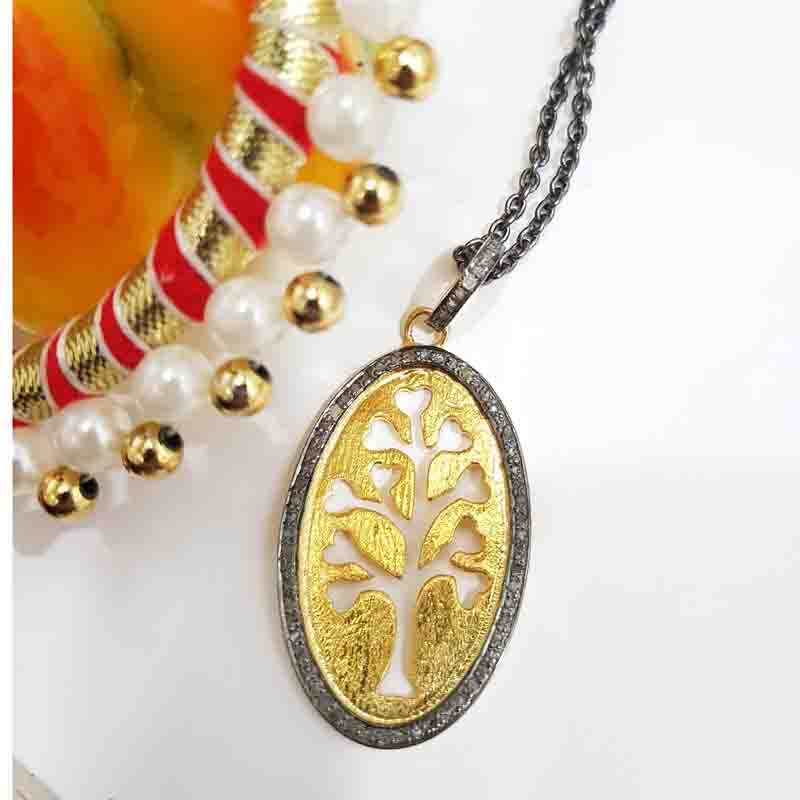 Oval Shaped Pave Diamond Pendant With Glorious Tree, Tree Style Necklace, Birthday Gift