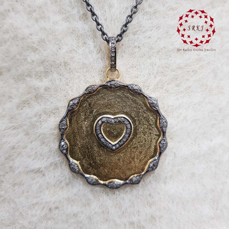 Coin Designer With Pave Diamond Small Heart Pendant, Unique Round Little Heart Necklace, Silver Jewelry