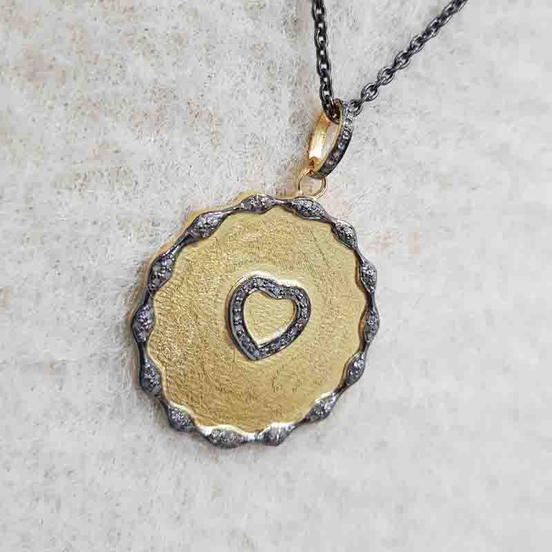 Coin Designer With Pave Diamond Small Heart Pendant, Unique Round Little Heart Necklace, Silver Jewelry