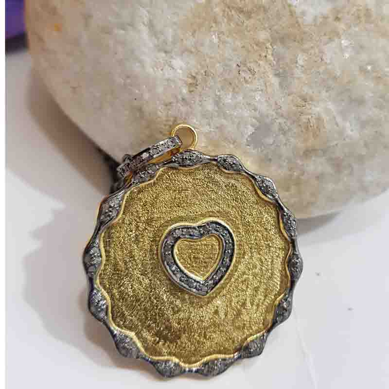 Coin Designer With Pave Diamond Small Heart Pendant, Unique Round Little Heart Necklace, Silver Jewelry