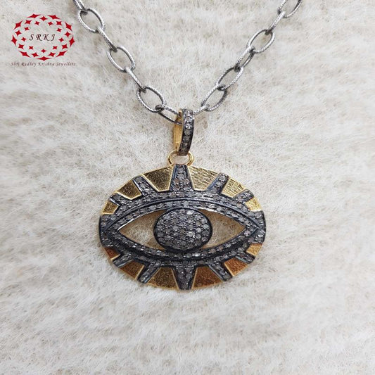 Yellow And Black Evil Eye Designer Pave Diamond Pendant, Evil Eye Necklace, Silver Jewelry