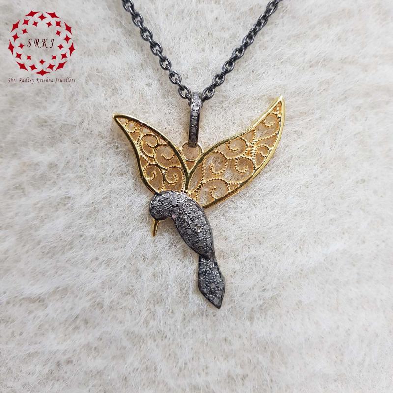 Pave Diamond Sparrow With Beautiful Golden Wings Pendant, Shiny Two Tone Necklace, Silver Jewelry