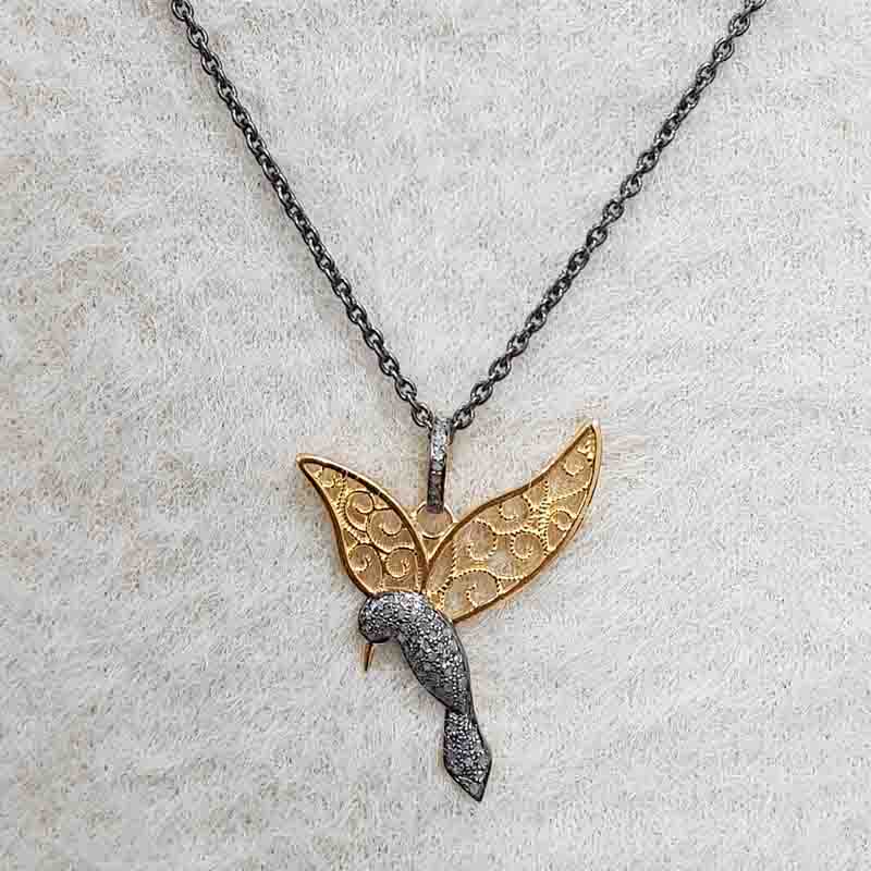 Pave Diamond Sparrow With Beautiful Golden Wings Pendant, Shiny Two Tone Necklace, Silver Jewelry