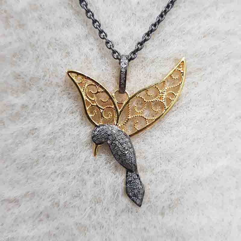 Pave Diamond Sparrow With Beautiful Golden Wings Pendant, Shiny Two Tone Necklace, Silver Jewelry