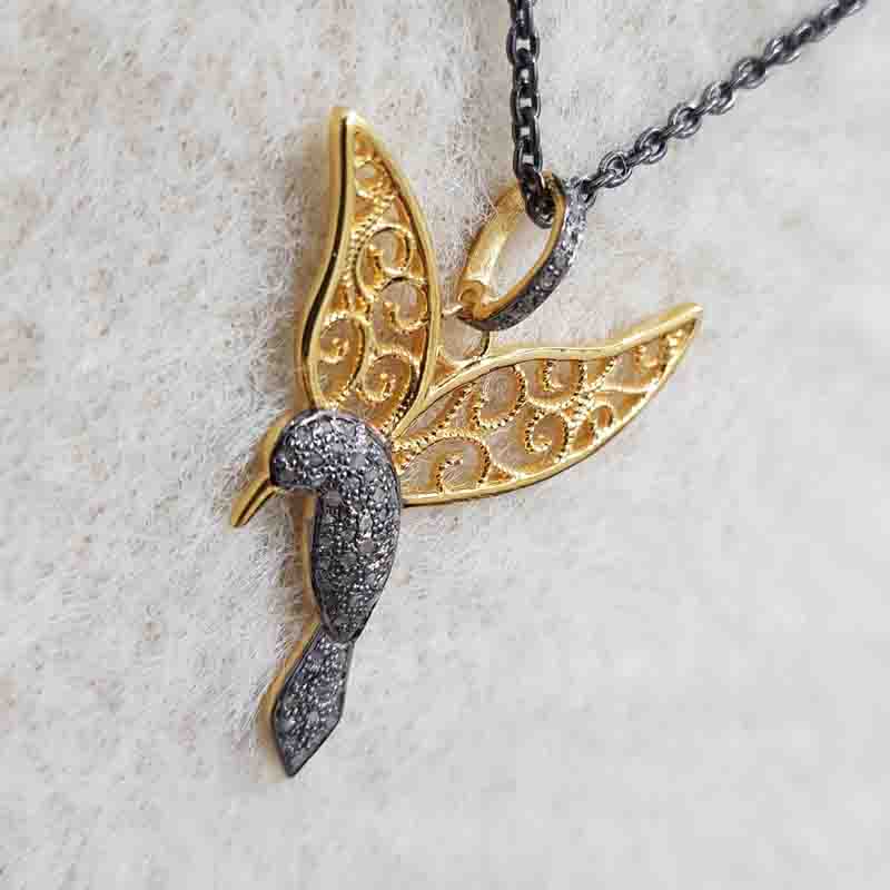 Pave Diamond Sparrow With Beautiful Golden Wings Pendant, Shiny Two Tone Necklace, Silver Jewelry