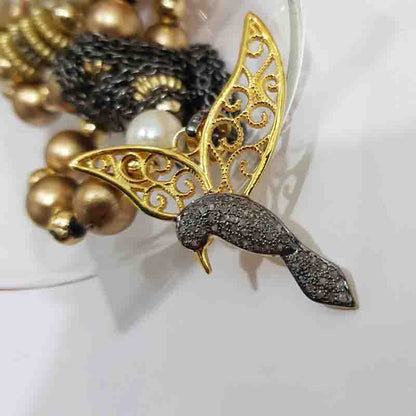 Pave Diamond Sparrow With Beautiful Golden Wings Pendant, Shiny Two Tone Necklace, Silver Jewelry