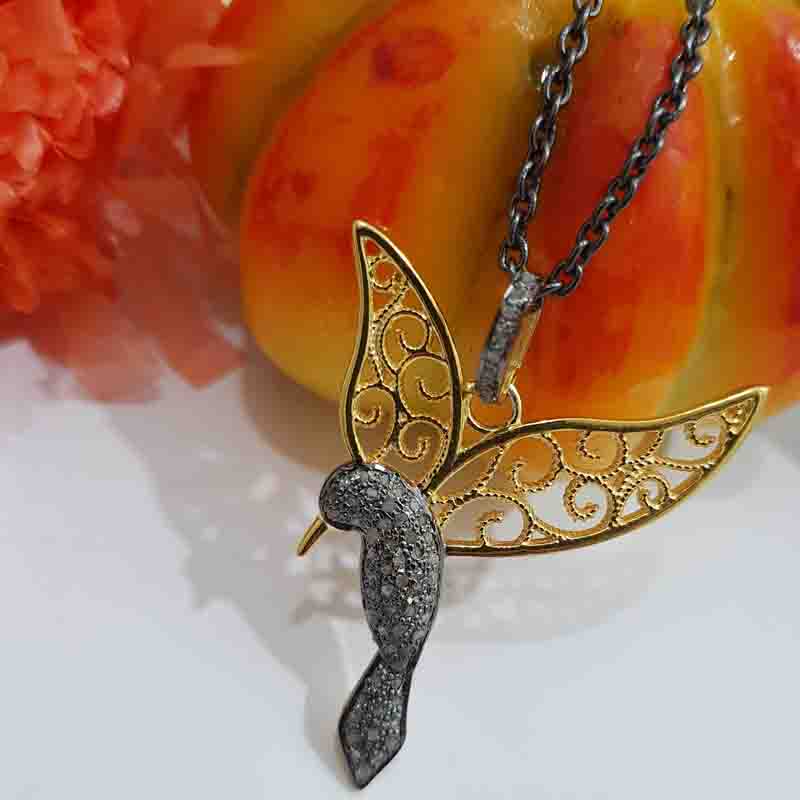 Pave Diamond Sparrow With Beautiful Golden Wings Pendant, Shiny Two Tone Necklace, Silver Jewelry