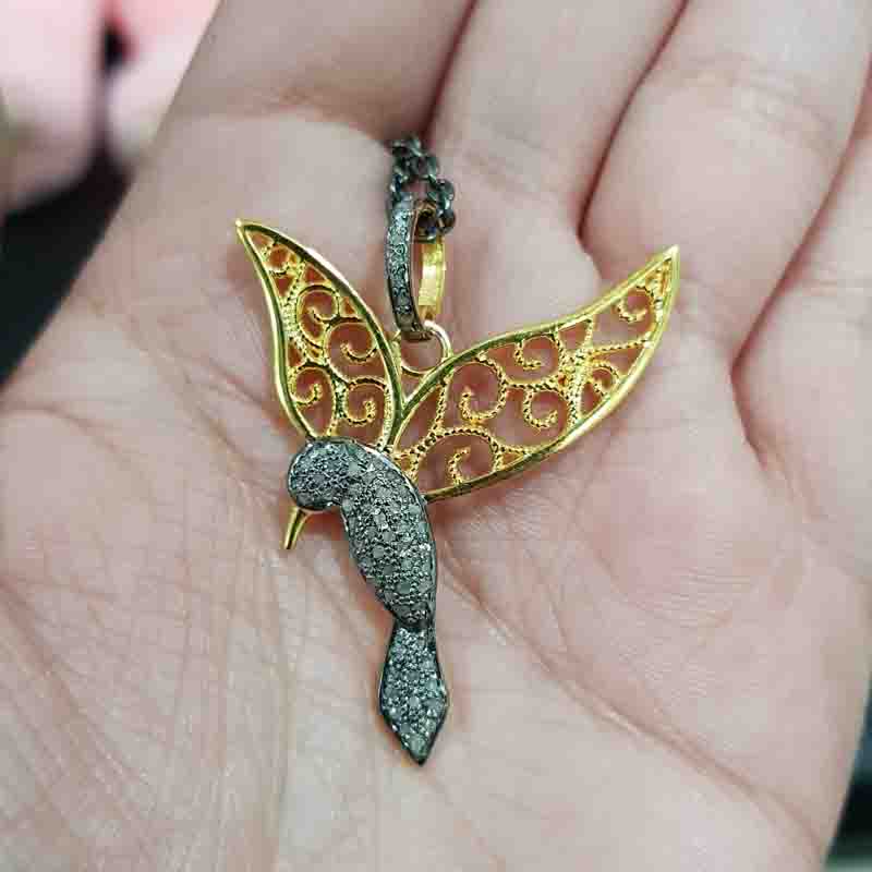 Pave Diamond Sparrow With Beautiful Golden Wings Pendant, Shiny Two Tone Necklace, Silver Jewelry