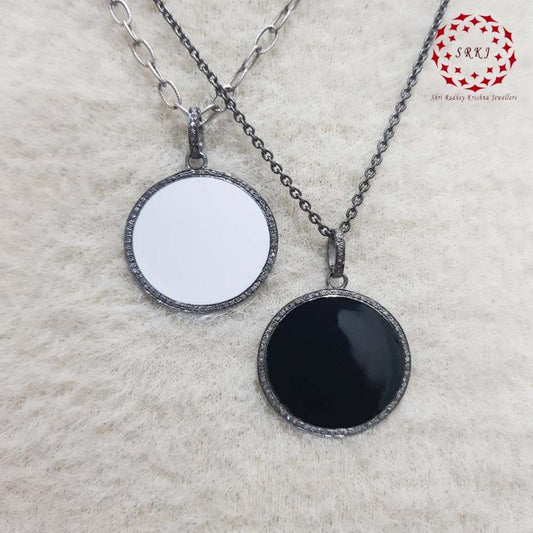 White And Black Enamel Round Disk Pendant With Lave Layers, Unique Round Necklace, Gift For Her, Him