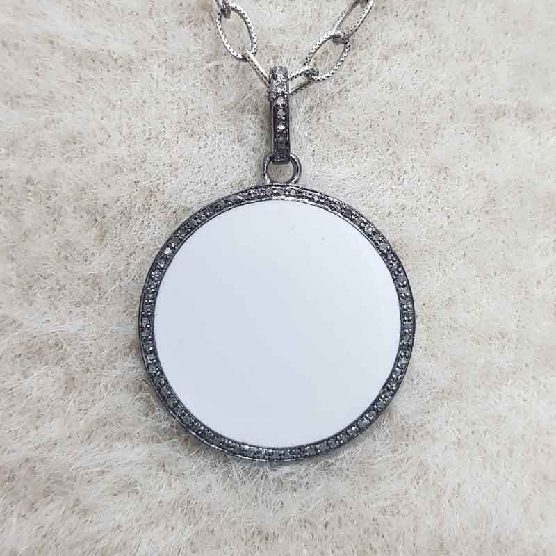 White And Black Enamel Round Disk Pendant With Lave Layers, Unique Round Necklace, Gift For Her, Him