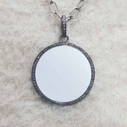 White And Black Enamel Round Disk Pendant With Lave Layers, Unique Round Necklace, Gift For Her, Him