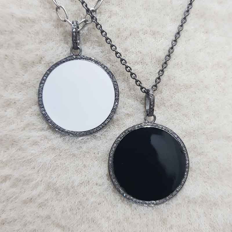 White And Black Enamel Round Disk Pendant With Lave Layers, Unique Round Necklace, Gift For Her, Him