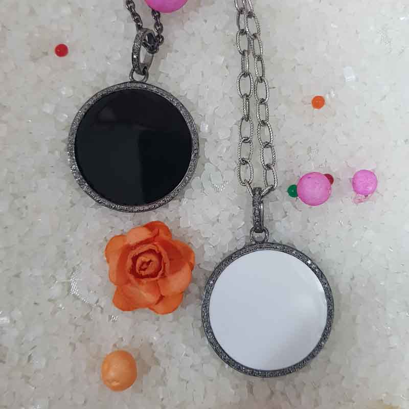 White And Black Enamel Round Disk Pendant With Lave Layers, Unique Round Necklace, Gift For Her, Him