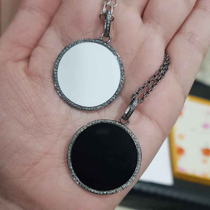 White And Black Enamel Round Disk Pendant With Lave Layers, Unique Round Necklace, Gift For Her, Him