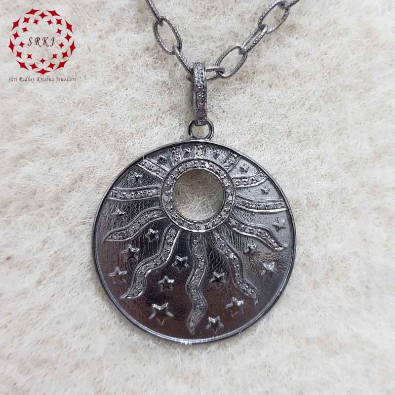 925 Solid Sterling Silver Handmade Designer Round Disk Pendant With pave Diamond Stars, Silver Jewelry