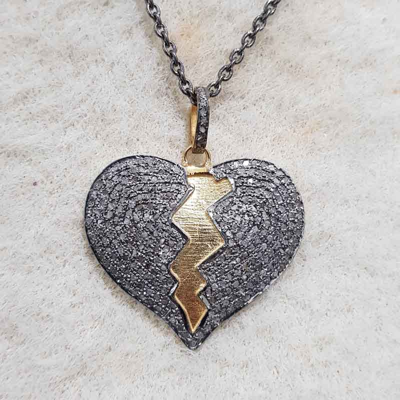 Heart Break Natural Pave Diamond Silver Pendant, Broken but Strong Necklace, Silver Jewelry