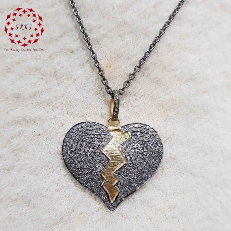 Heart Break Natural Pave Diamond Silver Pendant, Broken but Strong Necklace, Silver Jewelry