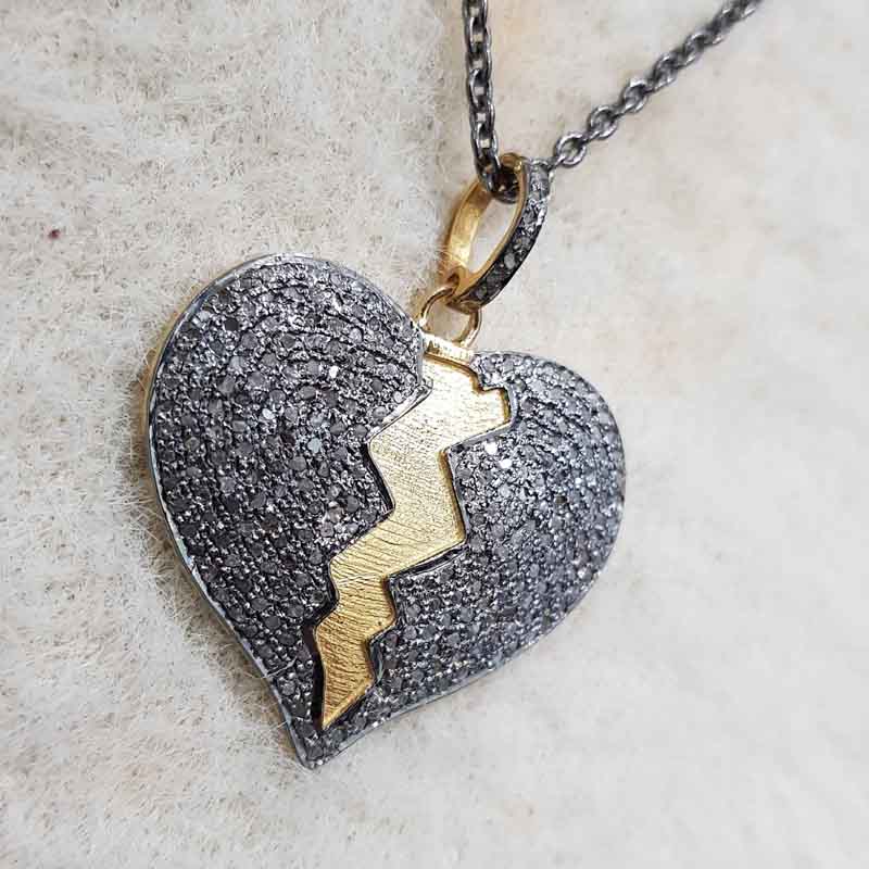 Heart Break Natural Pave Diamond Silver Pendant, Broken but Strong Necklace, Silver Jewelry