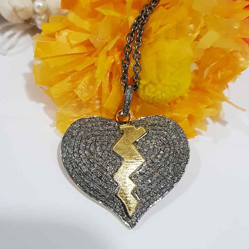 Heart Break Natural Pave Diamond Silver Pendant, Broken but Strong Necklace, Silver Jewelry