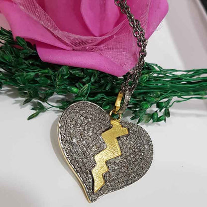 Heart Break Natural Pave Diamond Silver Pendant, Broken but Strong Necklace, Silver Jewelry