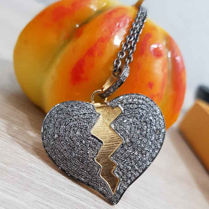 Heart Break Natural Pave Diamond Silver Pendant, Broken but Strong Necklace, Silver Jewelry