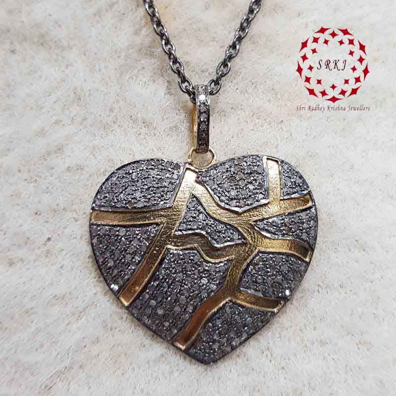 Charming Heart Shape Design Natural Pave Diamond Silver Pendant, Shiny heart Necklace, Silver Jewelry