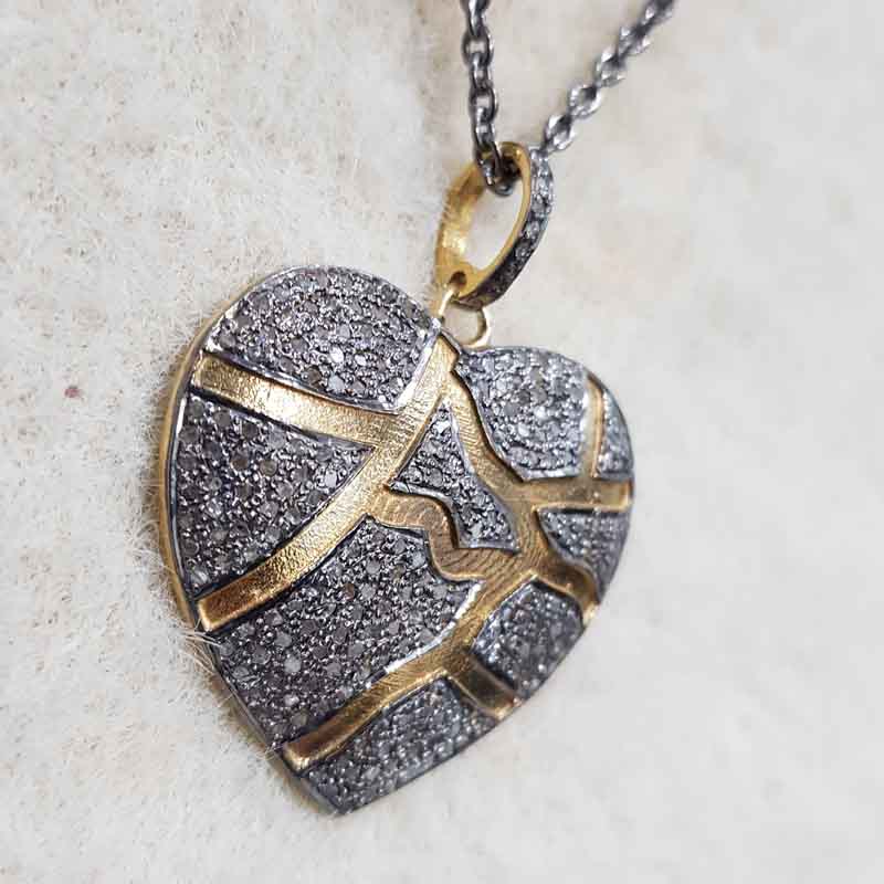 Charming Heart Shape Design Natural Pave Diamond Silver Pendant, Shiny heart Necklace, Silver Jewelry