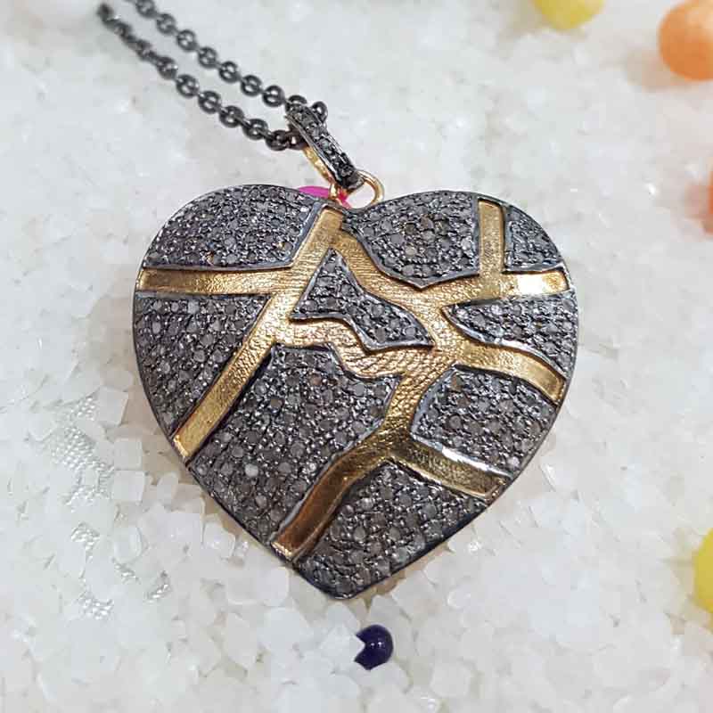 Charming Heart Shape Design Natural Pave Diamond Silver Pendant, Shiny heart Necklace, Silver Jewelry