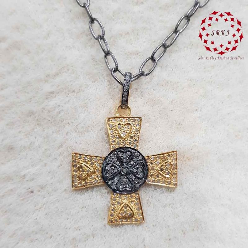 Lovely Cross Design Sterling Silver Yellow And Black Pendant, Cross Necklace, Silver Jewelry