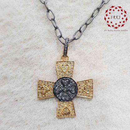 Lovely Cross Design Sterling Silver Yellow And Black Pendant, Cross Necklace, Silver Jewelry