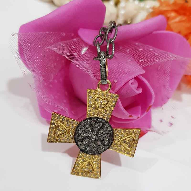 Lovely Cross Design Sterling Silver Yellow And Black Pendant, Cross Necklace, Silver Jewelry