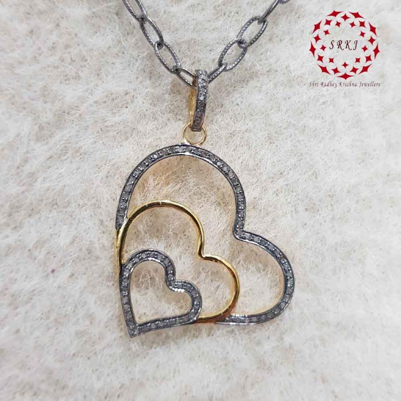 Good Looking Three Heart Design Shape Pave Diamond Pendant, Silver Jewelry