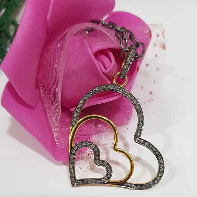 Good Looking Three Heart Design Shape Pave Diamond Pendant, Silver Jewelry