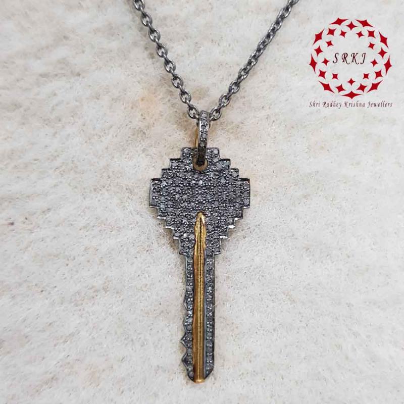 Attractive Pave Diamond Handmade Key Designer Pendant, Stylish key Necklace, Silver Jewelry