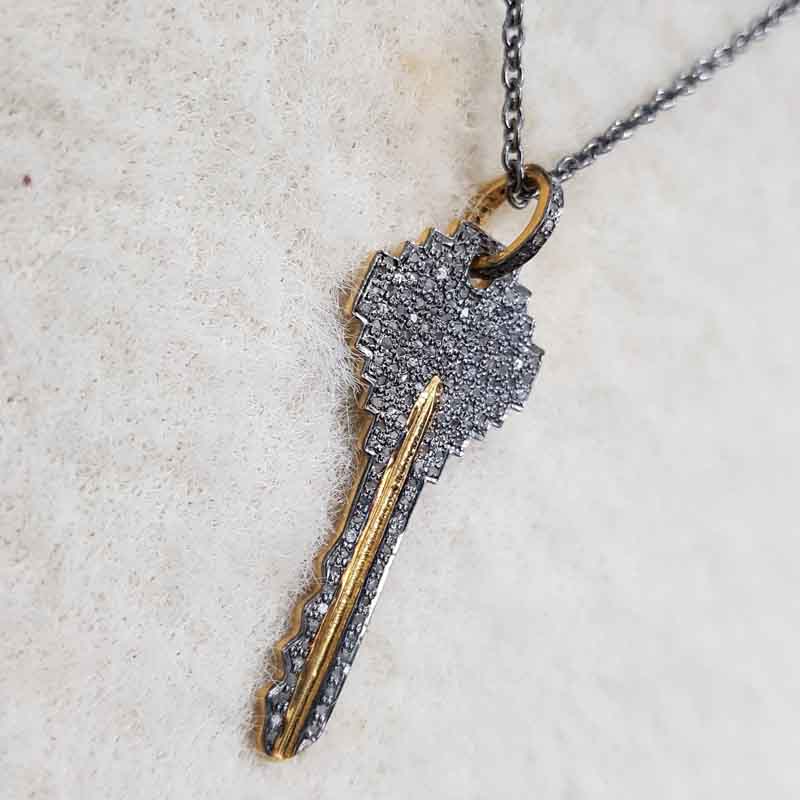 Attractive Pave Diamond Handmade Key Designer Pendant, Stylish key Necklace, Silver Jewelry