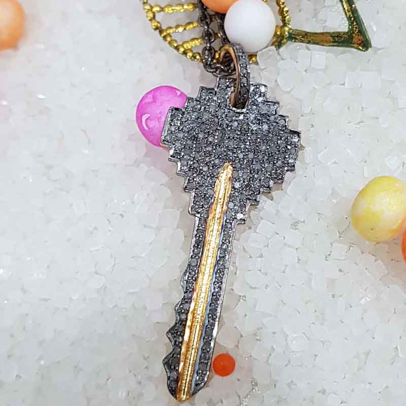 Attractive Pave Diamond Handmade Key Designer Pendant, Stylish key Necklace, Silver Jewelry