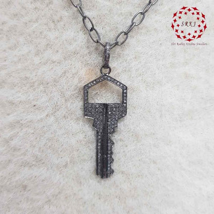 Unique Key Style Pave Diamond Handmade Designer Pendant, Fancy Key Necklace, Silver Jewelry