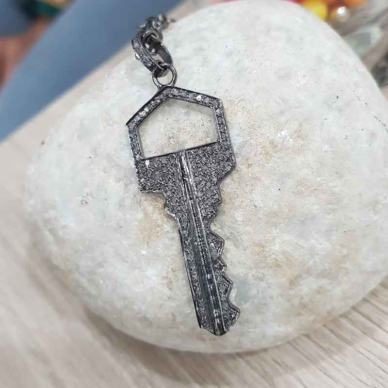 Unique Key Style Pave Diamond Handmade Designer Pendant, Fancy Key Necklace, Silver Jewelry