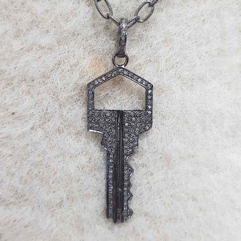 Unique Key Style Pave Diamond Handmade Designer Pendant, Fancy Key Necklace, Silver Jewelry