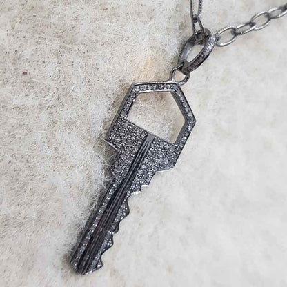 Unique Key Style Pave Diamond Handmade Designer Pendant, Fancy Key Necklace, Silver Jewelry